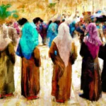 5 young women in an arab market
