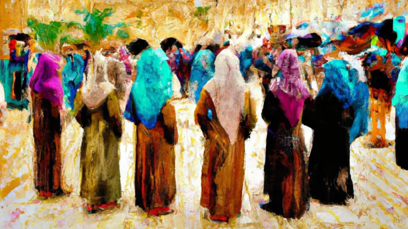 5 young women in an arab market