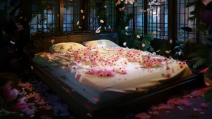 Bed in a room with flower petals on it