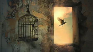 Bird flying out of a cage