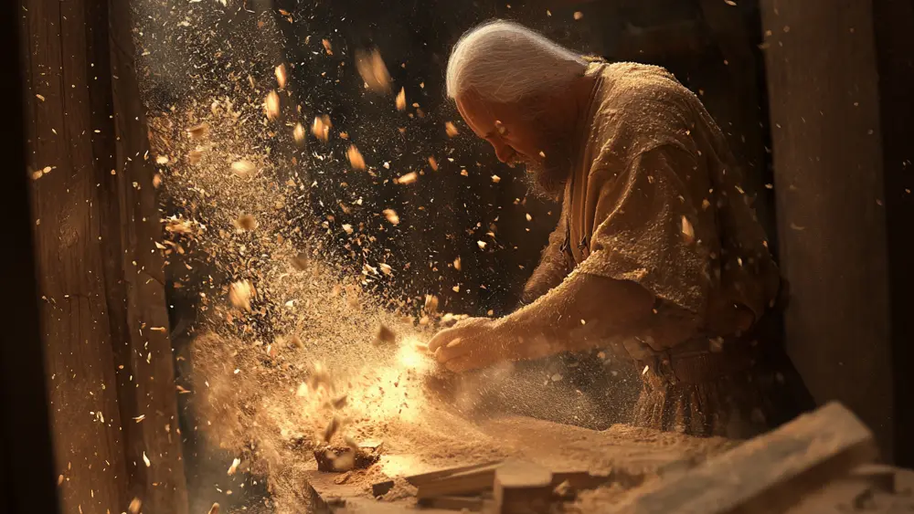 Carpenter in a workshop with saw dust