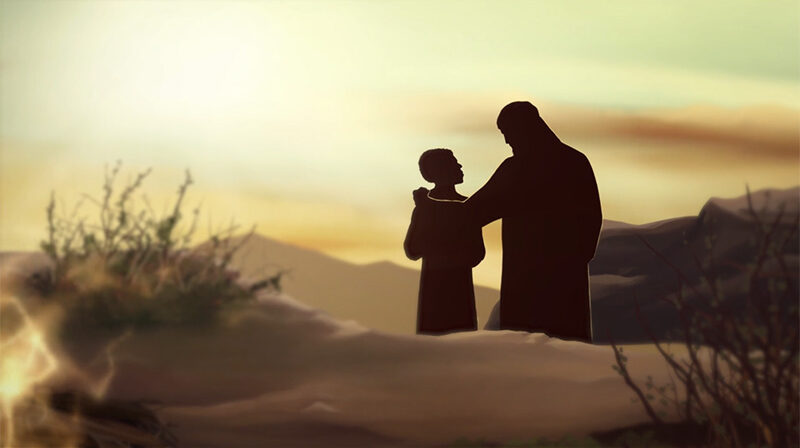 animation of father shepherd with his hand on his son