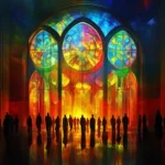 Figures of people in a large colorful church