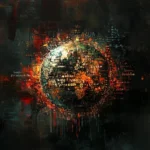 Globe with dark background and bright words all over