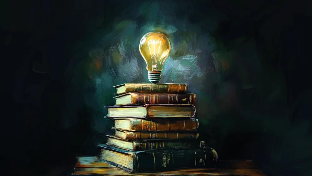 Light bulb on top of a stack of books representing knowledge