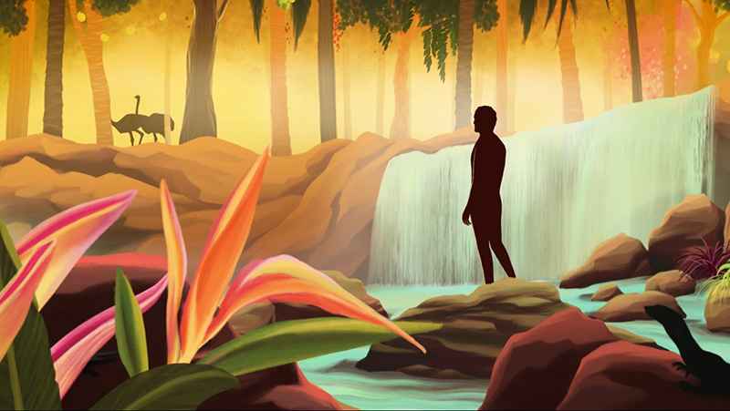 animation of man standing in paradise