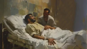 Man weeping over a friend in the hospital