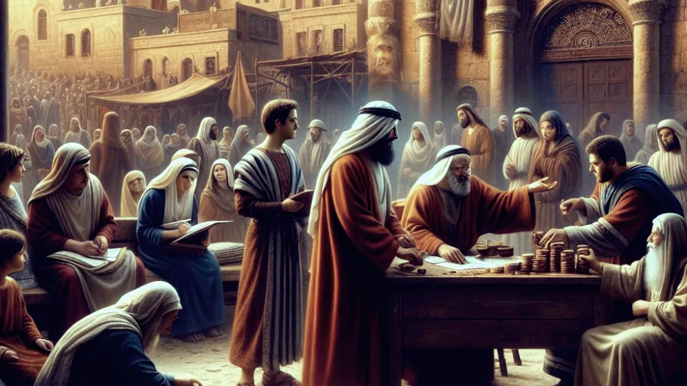 People paying taxes in ancient Jerusalem