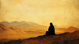 Person praying in the desert with yellow sky