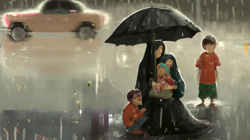 Poor family on the street in the rain