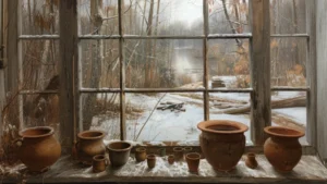 Pottery in front of window at wintertime