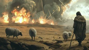 Shepherd with sheep near a minefield