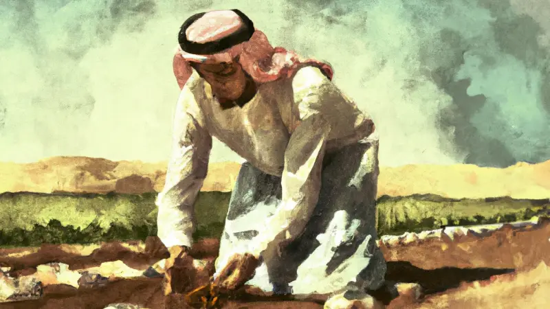 arab man in a field sowing seed