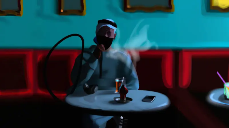 arab man smoking shisha in cafe