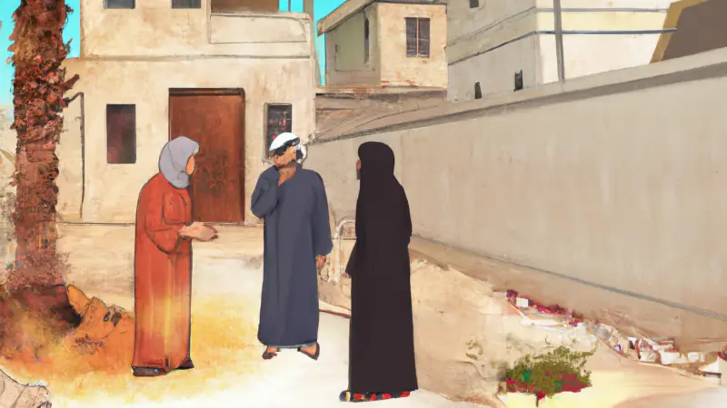 arab woman with her son and wife in front of a house
