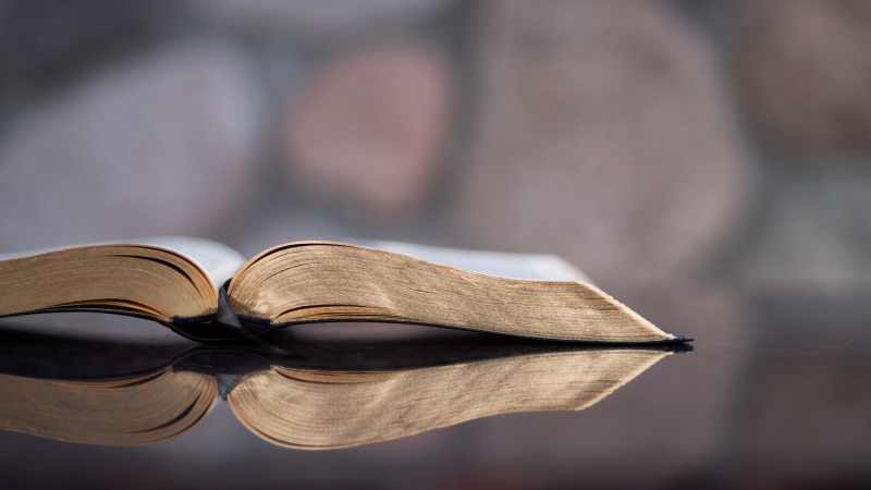 bible on reflective surface and blurred background