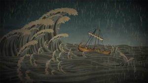 animation of a ship at sea in a storm