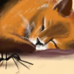 diligent ant next to a sleeping cat