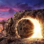 Rock being rolled from the entrance of a cave with light behind it representing Christ rising from the dead