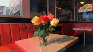 flowers on a table in a diner