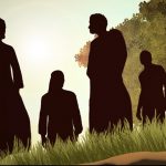 Animation of men standing in a field next to a tree