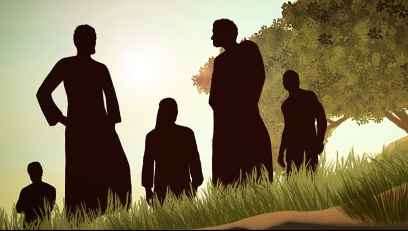 Animation of men standing in a field next to a tree