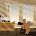 animation of man kneeling before an altar with a sheep on it in the temple