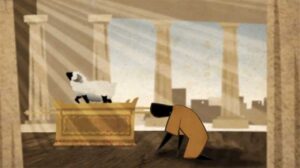 animation of man kneeling before an altar with a sheep on it in the temple