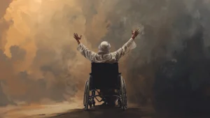 man in a wheel chair praising God