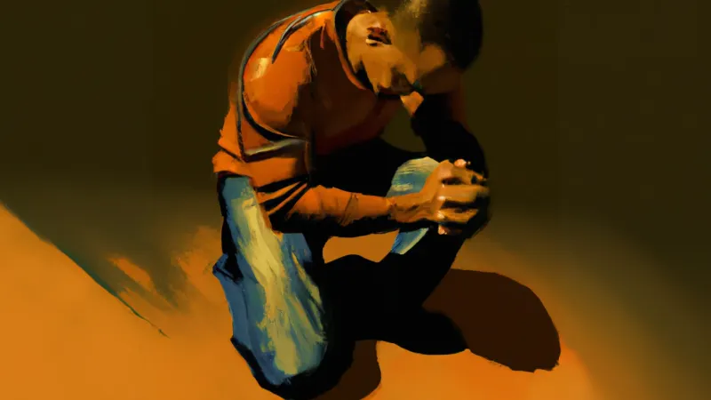 man on his knees praying in shadows