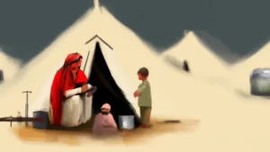 poor arab family in front of a tent