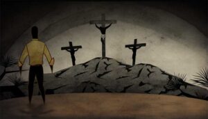 animation of man standing before jesus on the cross