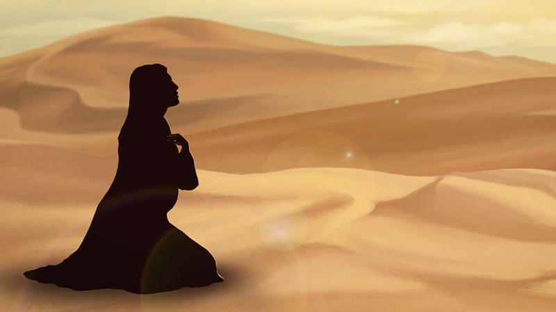 امرأة على ركبتيها تصلي في الصحراء طلباً للمساعدة